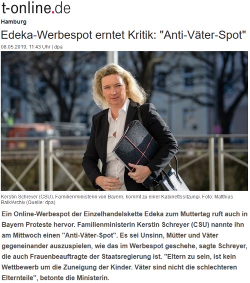 TOnline CSU Familienministerium Bayern Edeka Internationaler Vatertag Familienministerin Kerstin Schreyer Anti Väter Spot